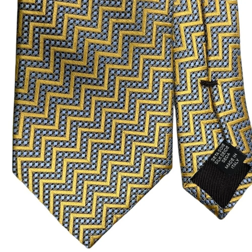 Ermenegildo Zegna Silk Tie Yellow‑Gold & Blue‑Gray Geometric Italy 3.3” x 58